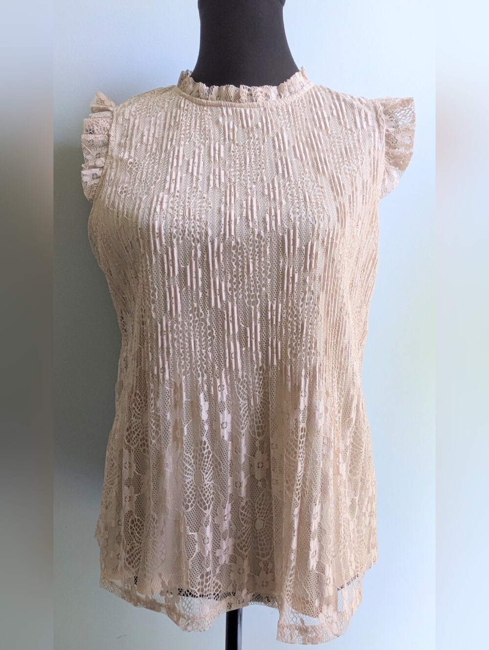 Like new...Adrianna Papell Champagne Lace Ruffle Sleeve High Neck Blouse Size S